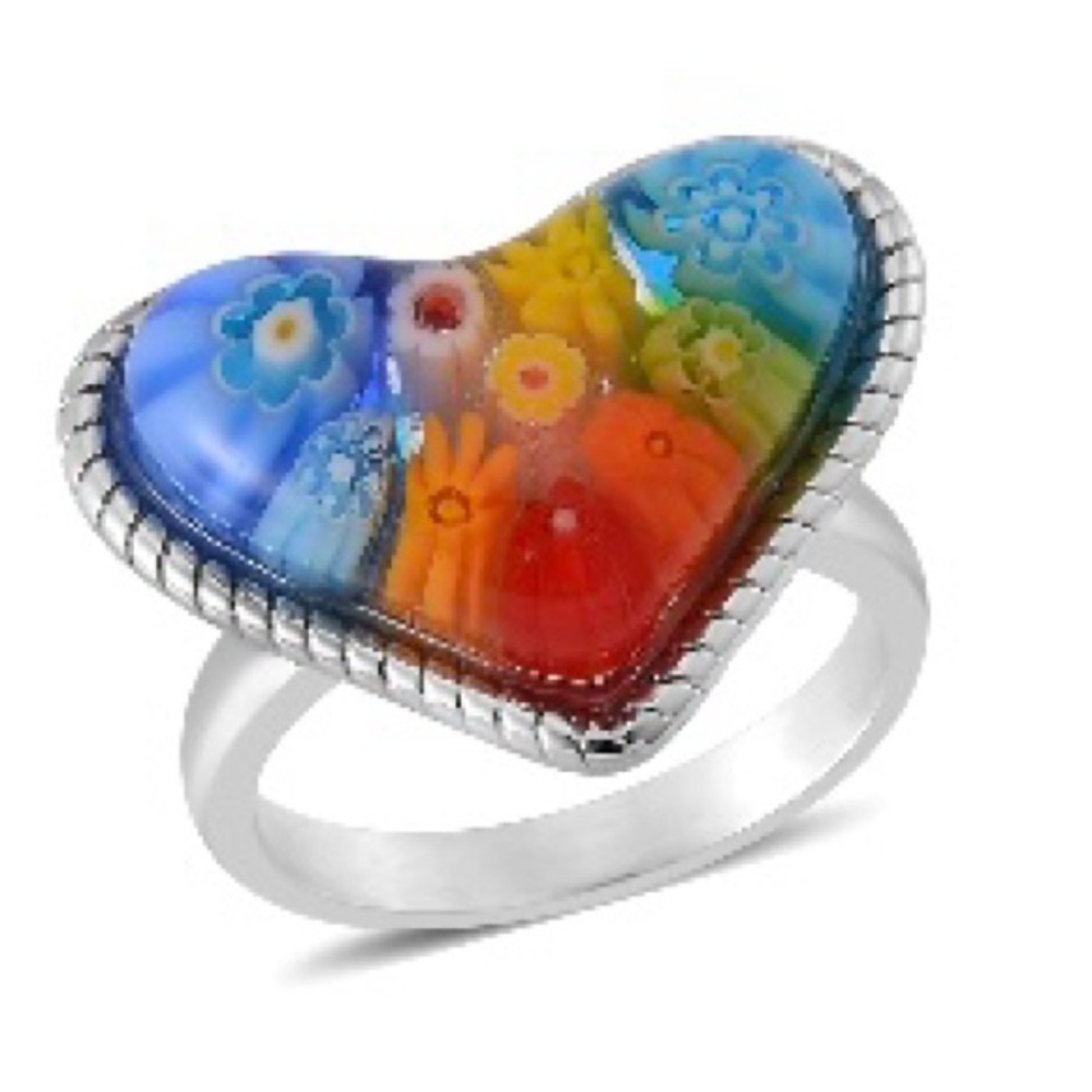 Multi Color Murano Style Heart Ring in Stainless Steel (Size 7.0)